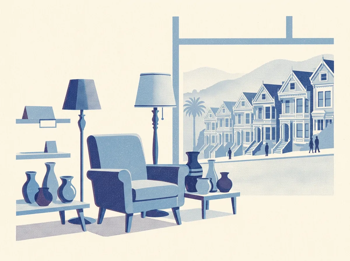 Illustration of vintage and antique shops in San Francisco